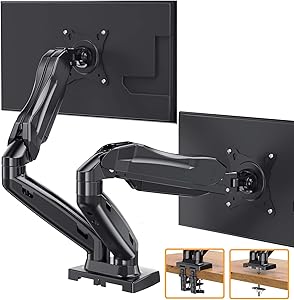 ErGear Dual Arm Monitor Mount Stand, Adjustable Gas Spring Monitor Desk Mount, Swivel VESA Mount with C Clamp, Grommet Mounting For Most 17-27 Inch Flat Curved Computer Monitor Screens up to 14.3lbs