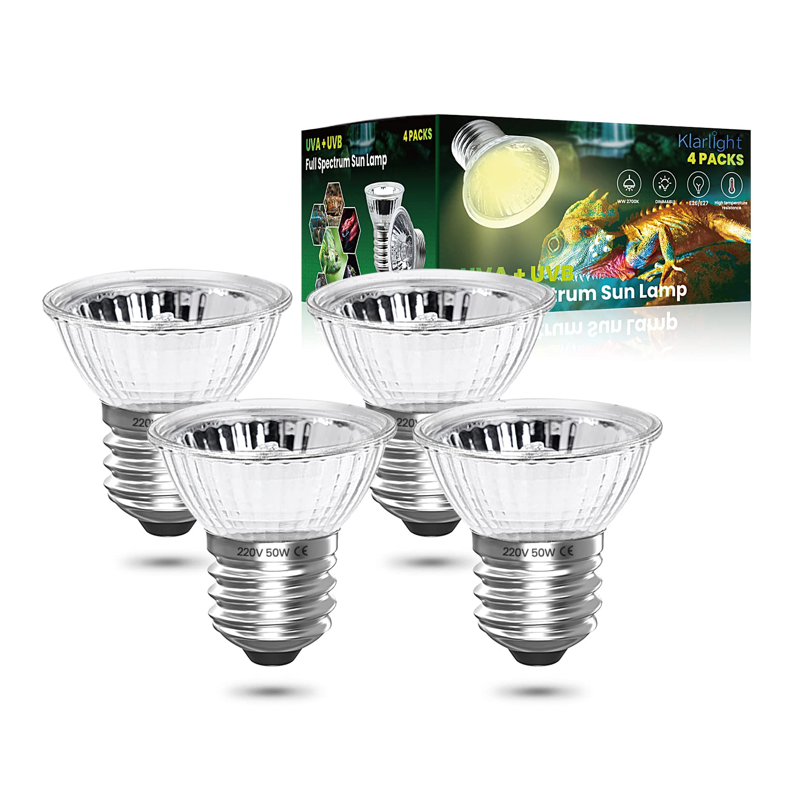 Klarlight 50W E27 Reptile Heating Bulb Dimmable, UVA UVB Light Bulb Full Spectrum Basking Bulb, Tortoise Heat Lamp for Lizard Spider Frog Snake Turtle Chameleon Aquarium Reptile and Amphibian (4-Pack)