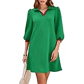 Wenrine Womens 3/4 Sleeve Mini Dress Casual V Neck Collared Textured Loose Fall A Line Argyle Dresses with Pockets