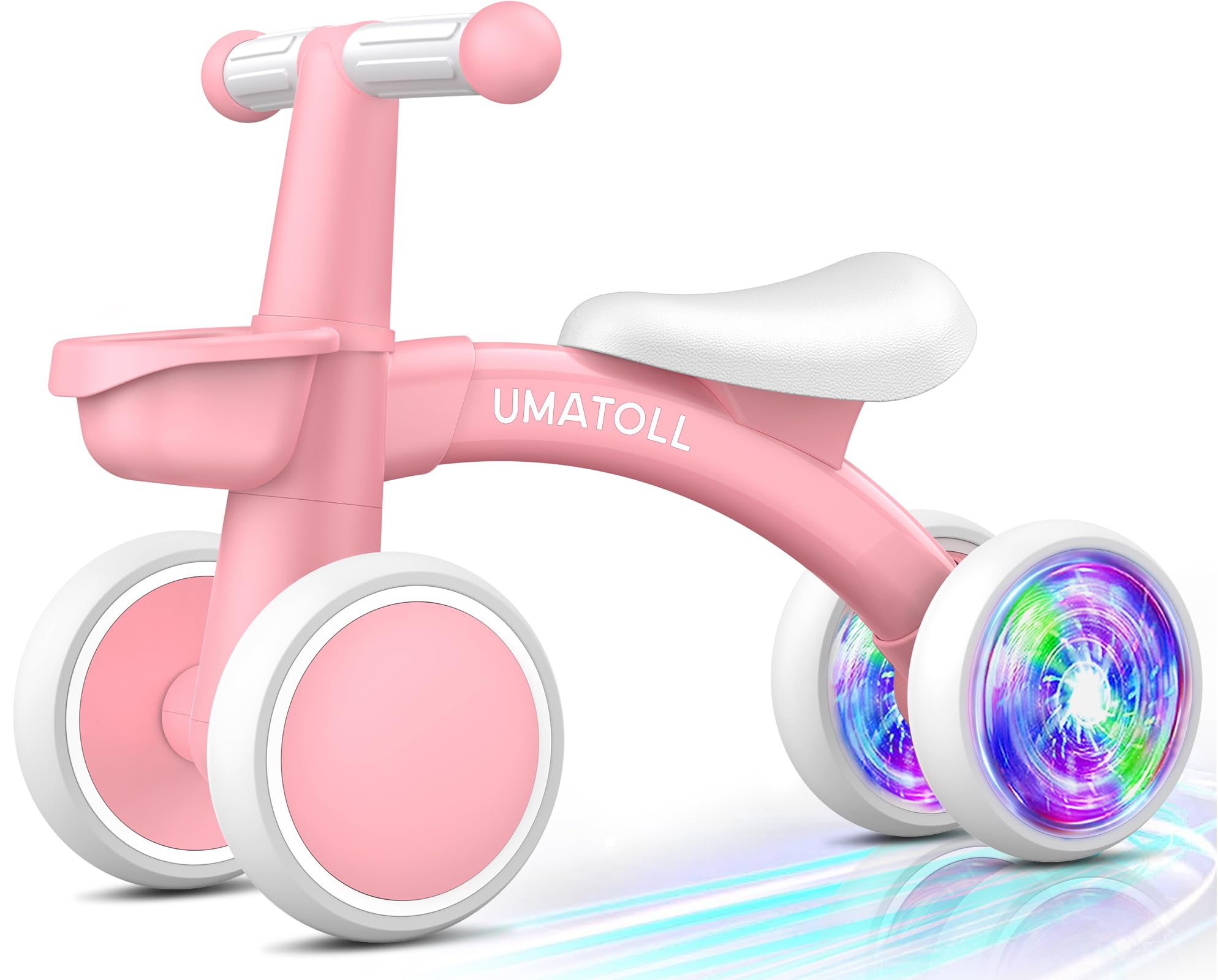 Umatoll Colorful Lighting Baby Balance Bike Toys for 1 Year Old Girl Gifts, Adjustable Seat, First Birthday Gifts, 12-24 Months Toddler Bike, New Pink Image
