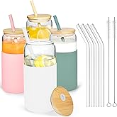 Icesip 20oz Glass Coffee Cups with Lids and Straw Iced Coffee Glasses with Silicone Protective Sleeve Drinking Glasses Set of 4 for Juice Beer Smoothie(Mixed ColorB)