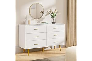 CARPETNAL White Dresser for Bedroom – 6 Drawer Chest with Gold Metal Handles, Wide Storage Drawers, Modern Wood Dresser for Hallway, Entryway, Living Room