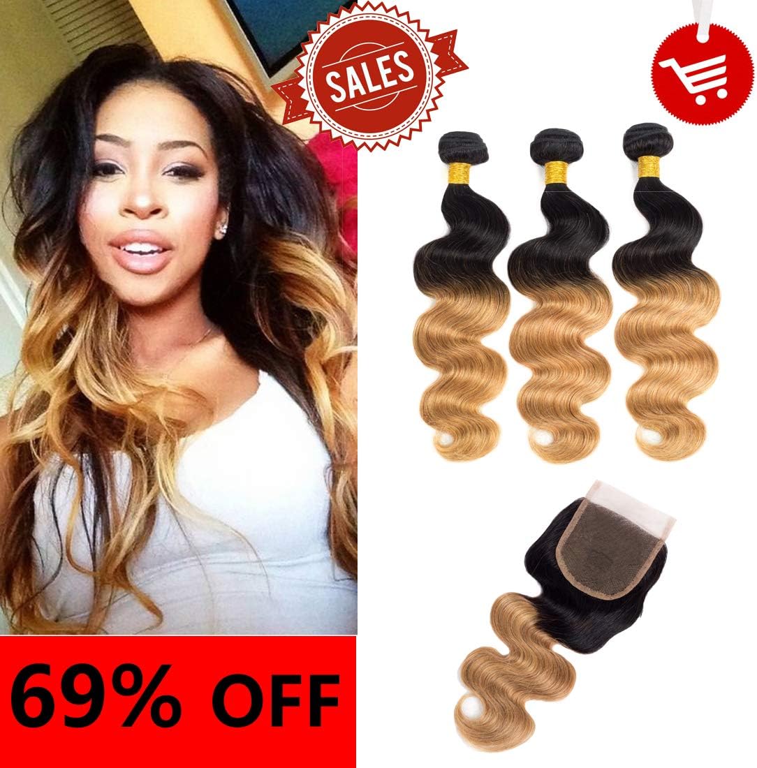 #1B/27 Ombre Color Hair Body Wave (8-30inch) 3 Bundles Human Hair Extensions with Lace Closure Two Tone Color Natural Black to Cameral Blonde Hair Weft Weave 100% Remy Human Hair (T1B/27 10 12 14 +10)