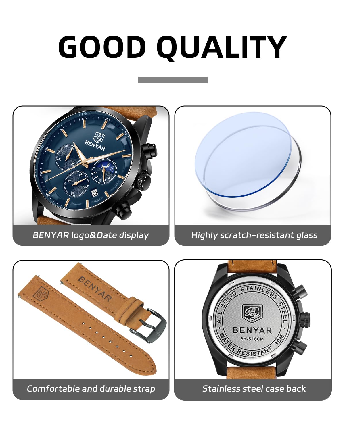 BENYAR Herren Uhr Chronograph Analog Quarz Wasserdicht Leuchtende Datum Herrenuhren Stilvolle Lederband Armbanduhr Elegantes Business Uhren Geschenk für Männer