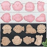 8 Mini Ocean Animal Cookie Cutters Set, 3D Raised Design Animal Embossing Stamps, Sea Lions, Jellyfish, Lobsters, Agouti, Octopus, Clown Fish, Pearl Clams Baking Molds(Ocean-2)