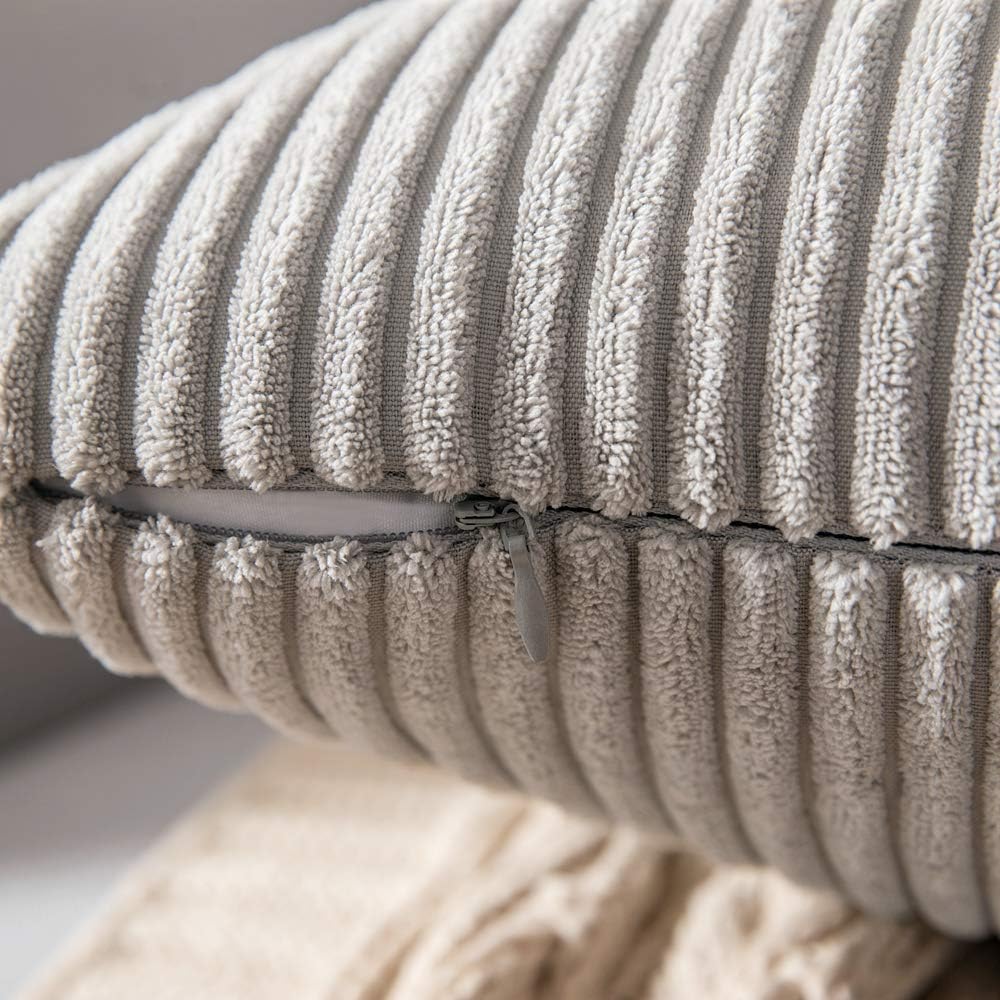MIULEE Set of 2 Striped Corduroy Square Throw Pillow Case Soft Cushion Covers Sham Home for Sofa Couch/Bedroom Decorative Fluffy Large Pillowcases 18x18 Inch 45x45cm Light Grey - Image 3