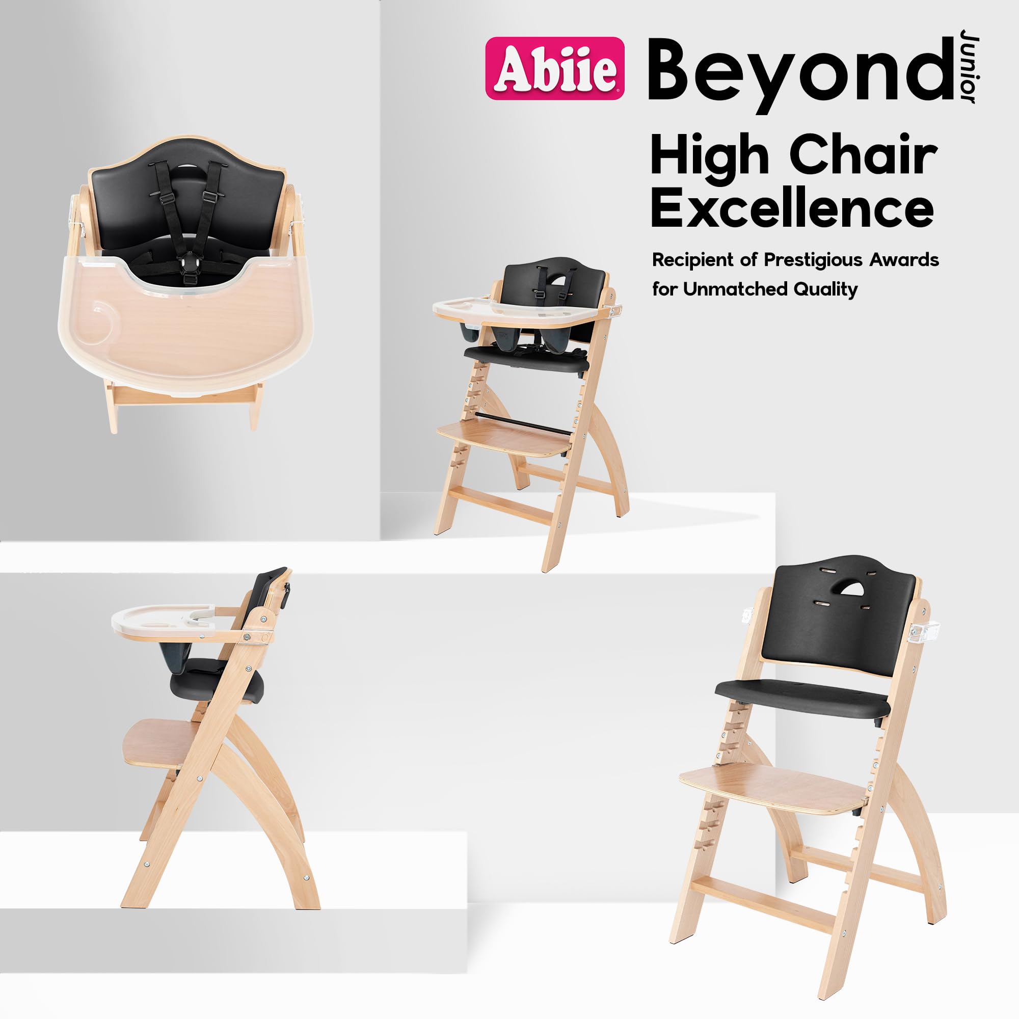 Abiie Beyond Junior Wooden High Chair with Tray - Adjustable and Convertible High Chair for Babies and Toddlers - 6 Months to 250 Lb - Water Resistant - Natural Wood/Black Pearl Cushion