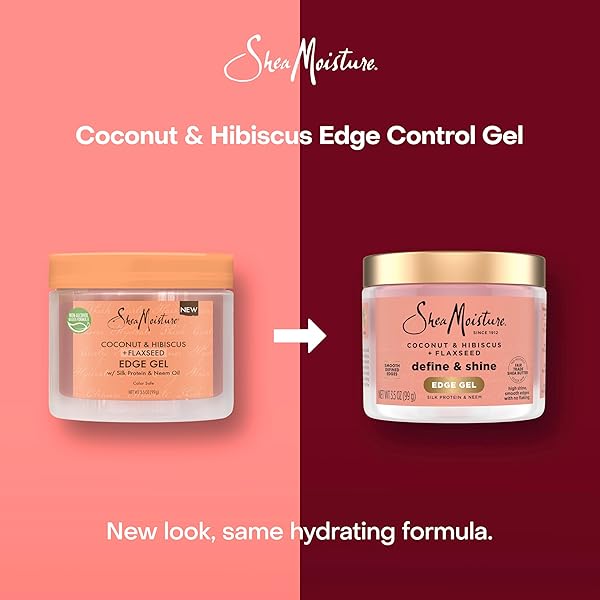 SHEA MOISTURE DEFINE & SHINE EDGE GEL + FLAXSEED COCONUT & HIBISCUS HOLDS AND CONTROLS EDGES ALL DAY INFUSED WITH GLYCERIN, COCONUT OIL AND AN INVIGORATING SWEET SCENT PARABEN-FREE HAIR 3.5 OZ