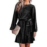 Happy Sailed Women's Velvet Dress Lantern Sleeve High Waist A-Line Skater Cocktail Party Dresses with Belt Business wear
