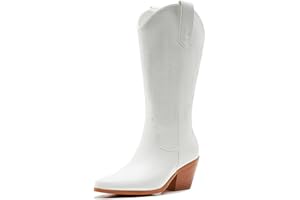 Aizhenzm Mid-calf White Cowgirl Boots - Western Style Embroidered Cowboy Boots for women with Pointed Toe Chunky Heel Fashion Retro Pull-On