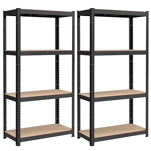 SONGMICS 4-Tier Shelving Units, Set of 2 Steel Shelving Unit for Storage, Boltless Assembly, for Garage, Shed, Load Capacity 520 kg Each, 40 x 80 x 160 cm, Black GLR044B02