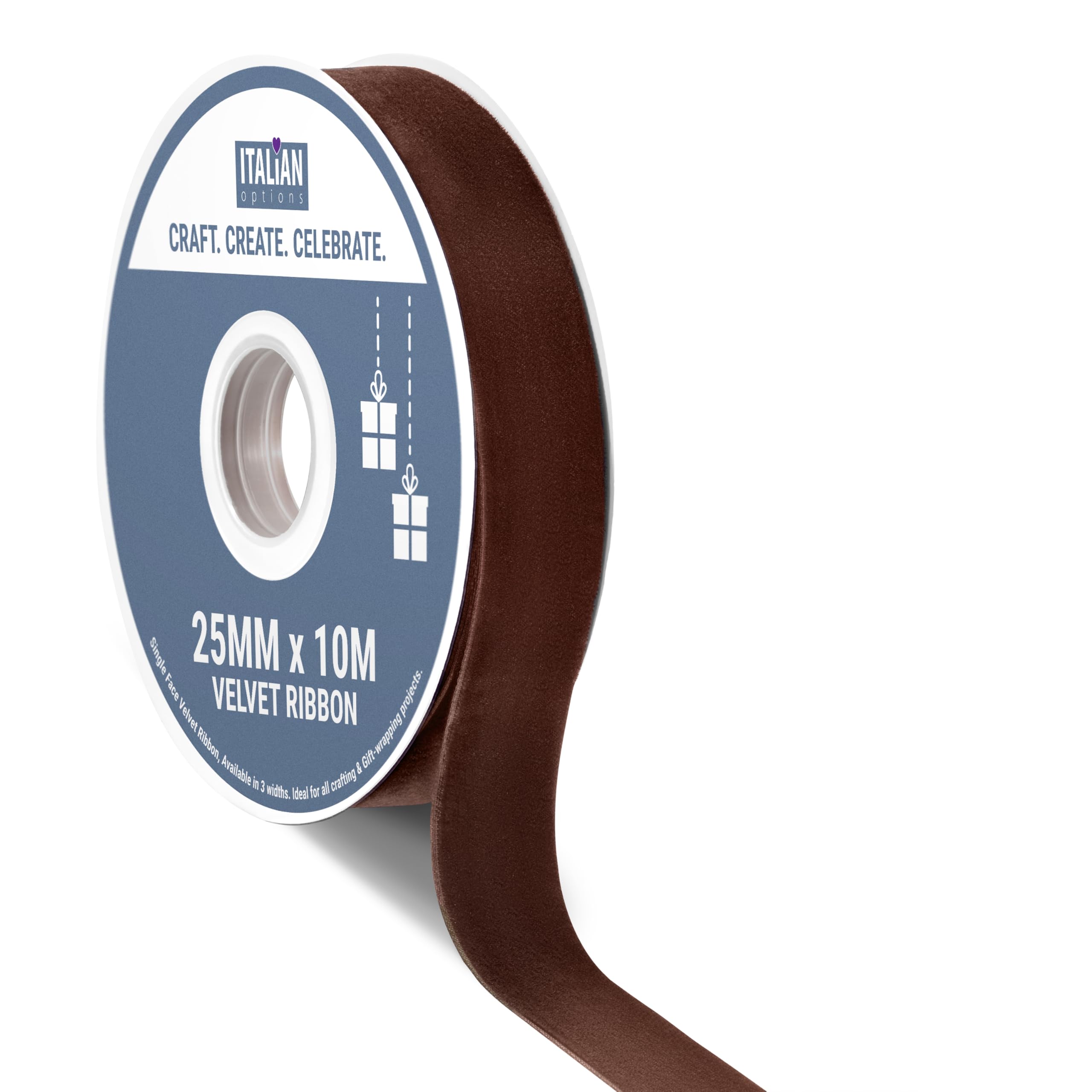 Italian Options Velvet Ribbon, Luxury, Single-Face Velvet Ribbon for Crafting, Christmas, Bows, Hair, Cakes, Weddings, Ornaments, Gift Wrapping, Flowers, 25mm x 10 Metre Roll, Dark Brown