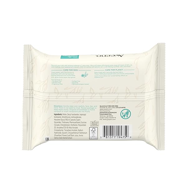 AVEENO CALM + RESTORE UNSCENTED MAKEUP REMOVER FACE WIPES, FRAGRANCE FREE FACIAL CLEANSING TOWELETTES WITH OAT EXTRACT & CALMING FEVERFEW LEAVE SKIN FEELING SOOTHED, ALCOHOL FREE, 25 CT