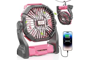 DOWILLDO 15000mAh Portable Battery Powered Camping Fan - with LED Light, Quiet Battery Operated, Camping Gear for Travel, Tent, Beach, Car or Hurricane Power Outages, Pink