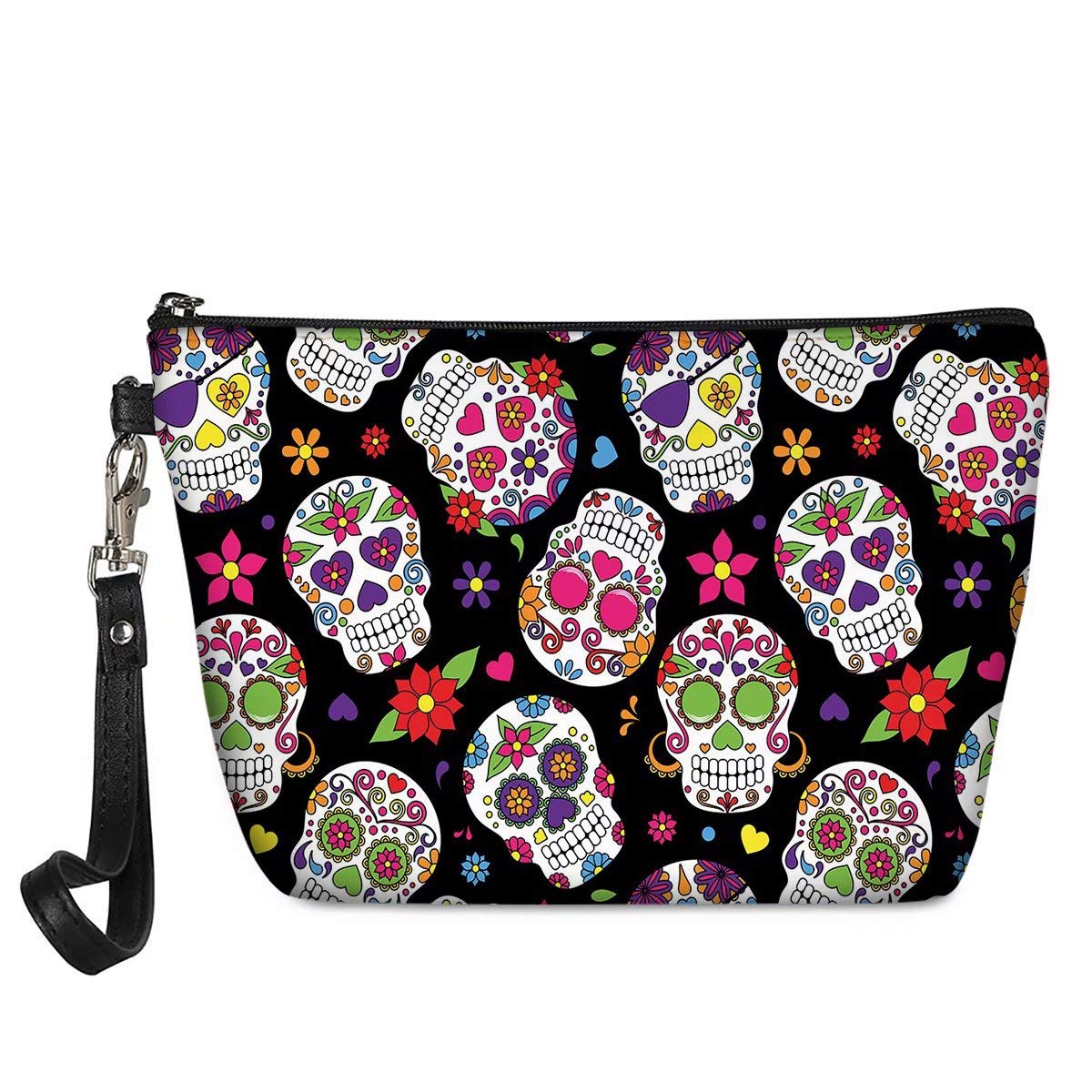 chaqlin PU Leather Cosmetic Bag for Travel Make up Bags with Sugar Skull Pattern Toiletry Organizer Pouch Zipper Around