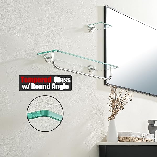 JQK BATHROOM GLASS SHELF, SHELF WITH 19 INCH TOWEL BAR TEMPERED GLASS SHOWER STORAGE 20 BY 5 INCHES, 304 STAINLESS STEEL BRUSHED FINISH WALL MOUNT, TGS100L20-BN