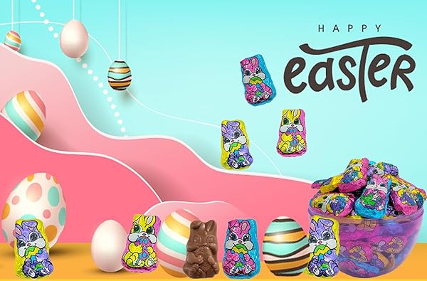EASTER MILK CHOCOLATE BUNNIES, SMOOTH & CREAMY PARTY BAG FILLERS, INDIVIDUALLY WRAPPED MULTICOLOR FOILS (HALF-POUND)