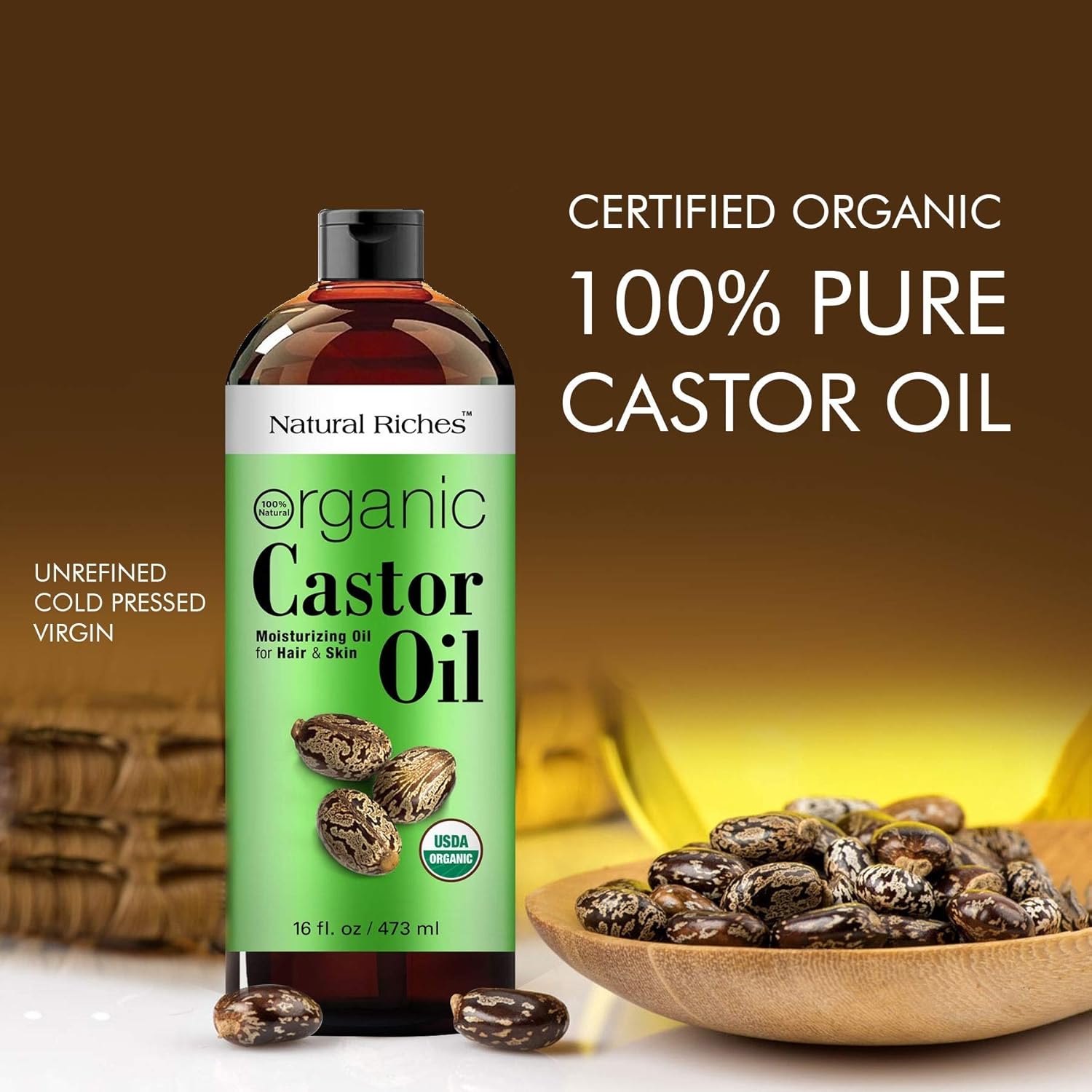 Organic Castor Oil Cold pressed USDA Organic certified pure for Dry Skin, Hair Loss, Dandruff & Thick Hair - Moisturizes heals Scalp, Skin, Hair growth, Thicker Eyelashes & Eyebrows - 16 fl. oz. Natural Riches : Beauty