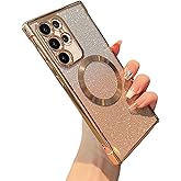 ZTOFERA Clear Magnetic Case for Samsung Galaxy S25 Ultra 5G with Gradient Glitter Peice(2 in 1), Luxury Plating Cute Transparent Bling Sparke Case for Women Girls,Shockproof TPU Protector Cover-Gold