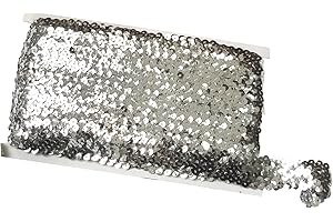 Gnognauq 10 Yards 1 inch Elastic Sequin Glitter Trim Spool String Metallic 3-Row Fabric Paillette Ribbon Trim for Wedding Dress Embellish Headband (Silver)
