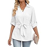 Bsubseach Women Dressy Casual Blouse Long Sleeve Work Shirts Wrap Belted V Neck Business Tops