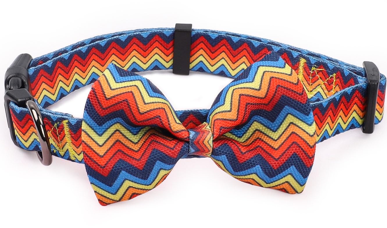 COSYHOMELONDON patterned Dog Collar with Bowtie, Durable Adjustable and Comfortable Collar for Small Dogs Puppies and Cats (Zigzag, S)