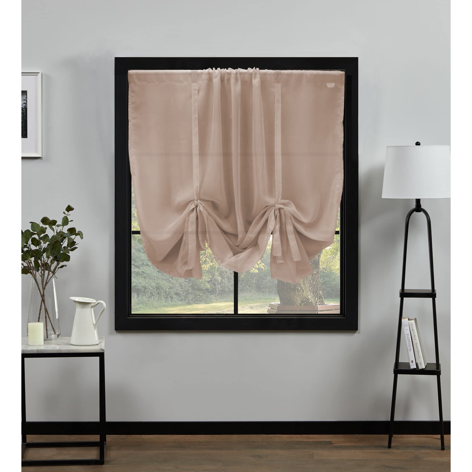 NetCurtainsUK Plain Voile Tie Blind Curtain Panels 140cm (55 inch) Wide x 140cm (55 inch) Drop (Sand) (HWTB01)