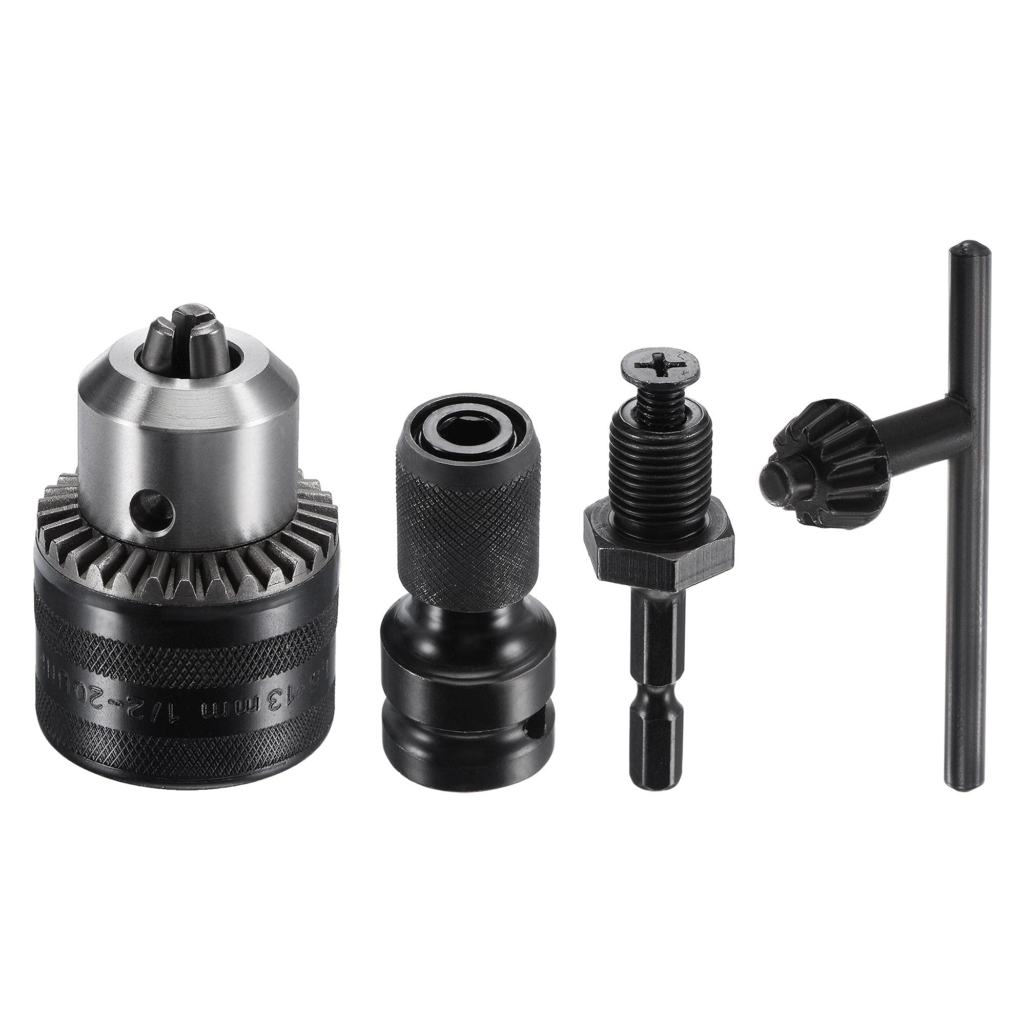 sourcing map Drill Chuck 1.5-13mm Capacity 1/2-20UNF Thread with Adapter, Chuck Key, 1/2" Square Quick Release Socket Converter for Electric Impact Drill