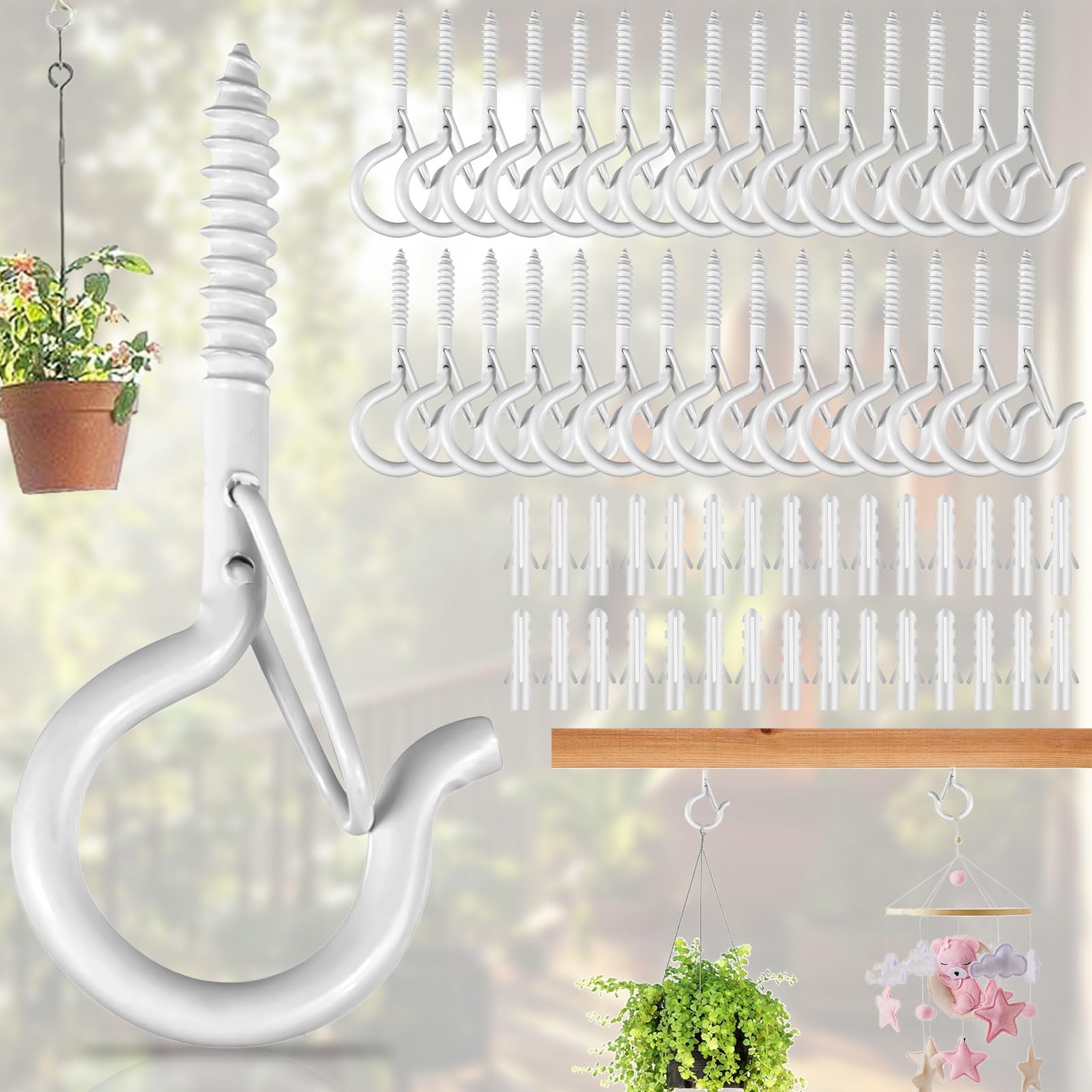 SUpoetry 30 Pieces Screw Hooks, Screw Hooks with Safety Cap, Stainless Steel Screw Hooks, with Expansion Screw, for Plant Baskets, Birdhouses, Rattan