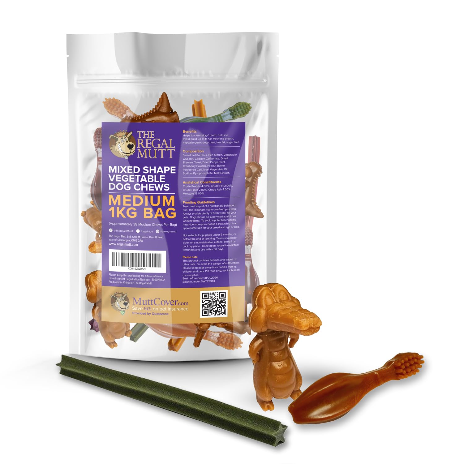 The Regal Mutt - Vegetable Dog Chews - Mixed Shape Variety Pack - Medium - 1kg Bag