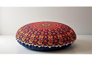 CRAFT KALA 22" Mandala Meditation Floor Pillows Pouf Cover Round Seating Bohemian Mandala Cotton Floor Cushion Cover Outdoor Fireplace Seating Living Room Yoga Room Home Décor Multi Elephant Camel