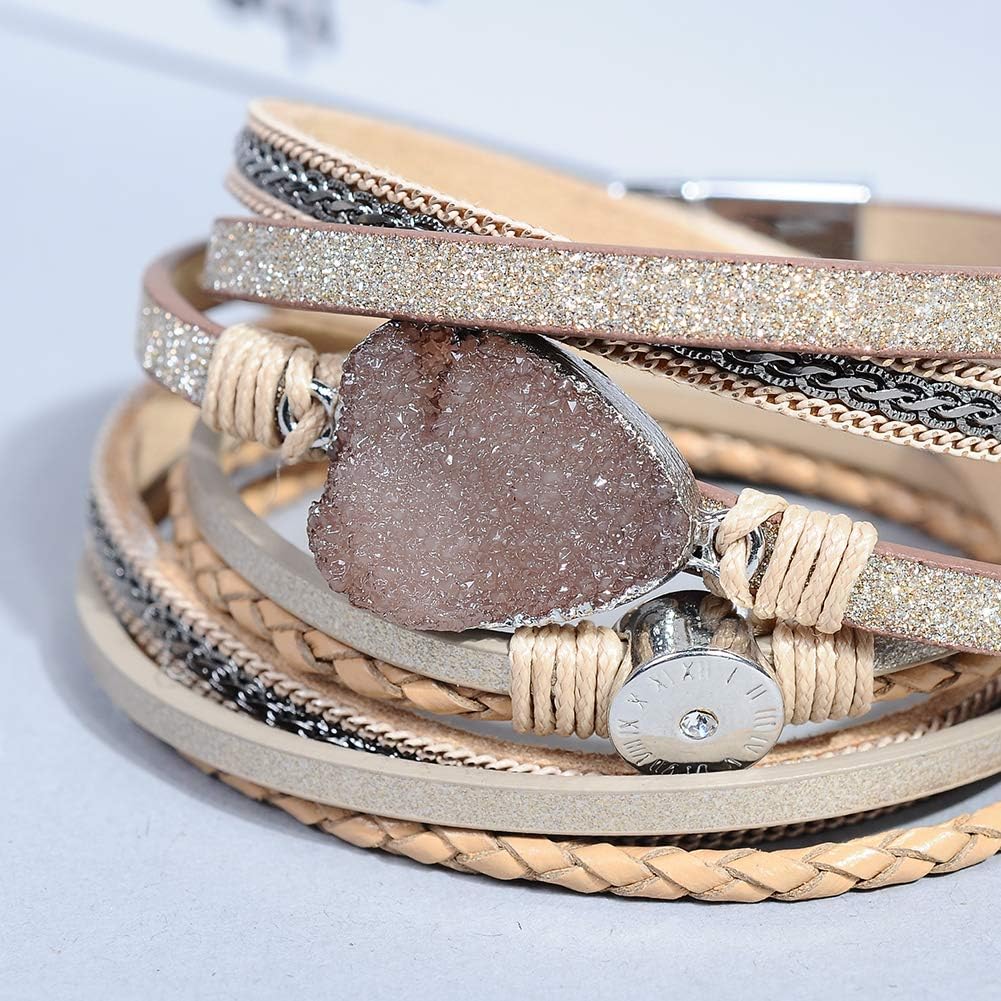 Leather Cuff Bracelet for Women - Boho Beads Wrap Clasp Bangle Bracelet Leather Wristbands Birthday Gifts for Women(Brown with druzy): Jewelry