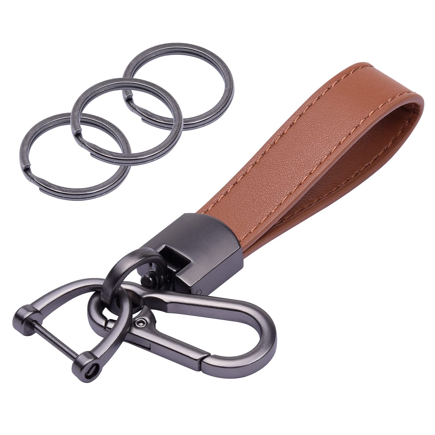wisdompro Genuine Leather Car Keychain, Universal Key Fob Keychain Chain Holder for Men and Women, 360 Degree Rotatable, with Anti-lost D-ring, 3 Keyrings - Brown (Carabiner Clip), 5 inches