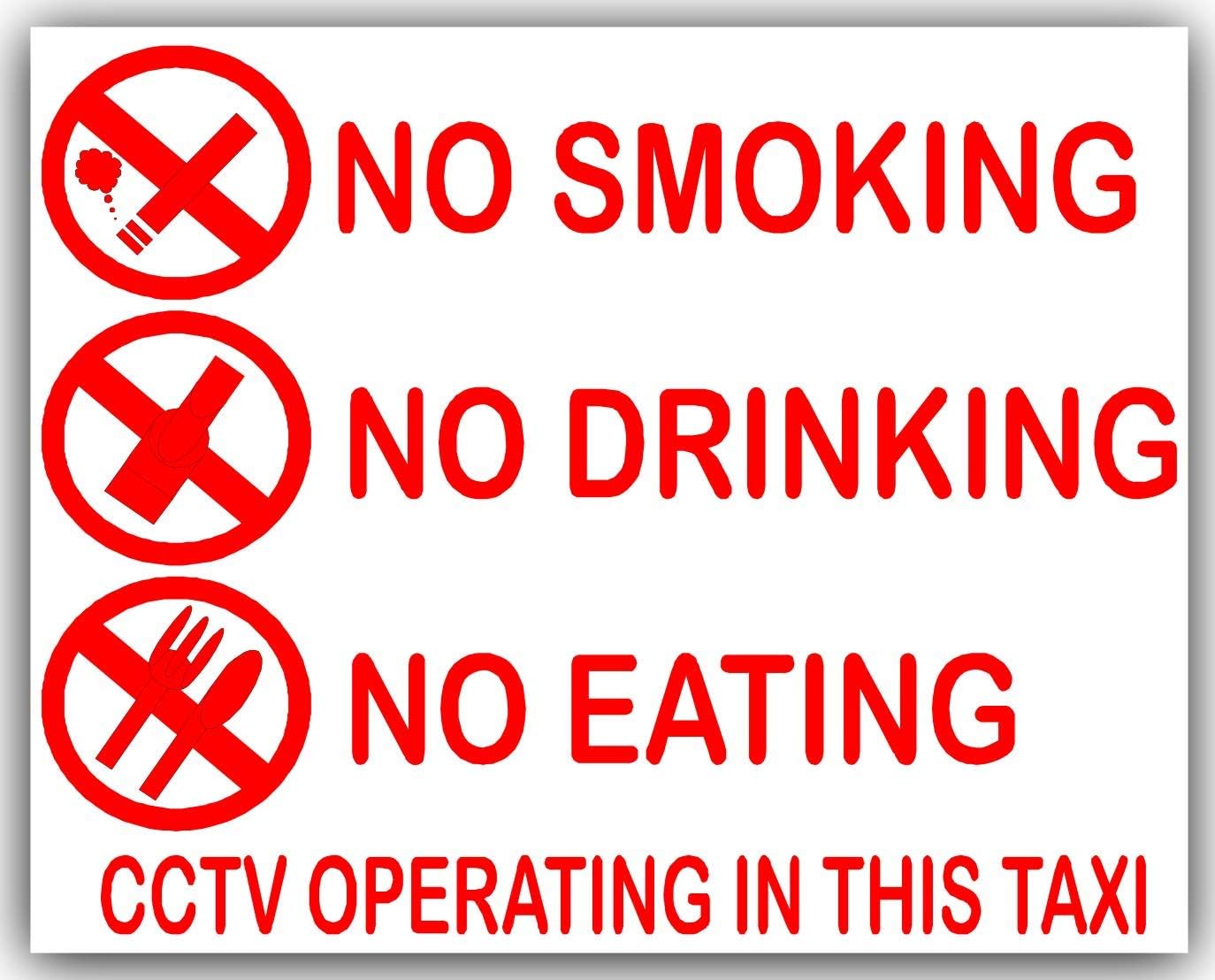 2 x TAXI Sticker No Smoking Eating Drinking CCTV In Operation Car Van Lorry Truck Coach Warning Sign External Red White 110x87mm T21