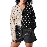 WDIRARA Women's Polka Dots Button Up Cardigan Sweaters Color Block Long Sleeve V Neck Knit Outerwear