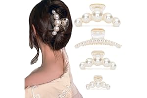 AGIRLVCT Hair Clips for Women, Large Pearl Hair Claw Clip Set Strong Hold No Slip, Banana Jaw Clip Barrettes, Hair Accessories Birthday Wedding Valentine's Day Gift for Girl Wife Styling Thick Thin (4 PCS)