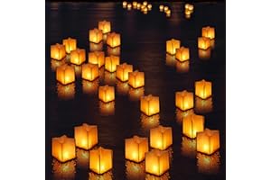 FUELYE 10 Pack 6" Star Shaped Floating Lanterns with Waterproof Wooden Base Sets, Paper Water Lanterns Decoration with LED Tealight Candle (10Sets Lanterns+Candles)