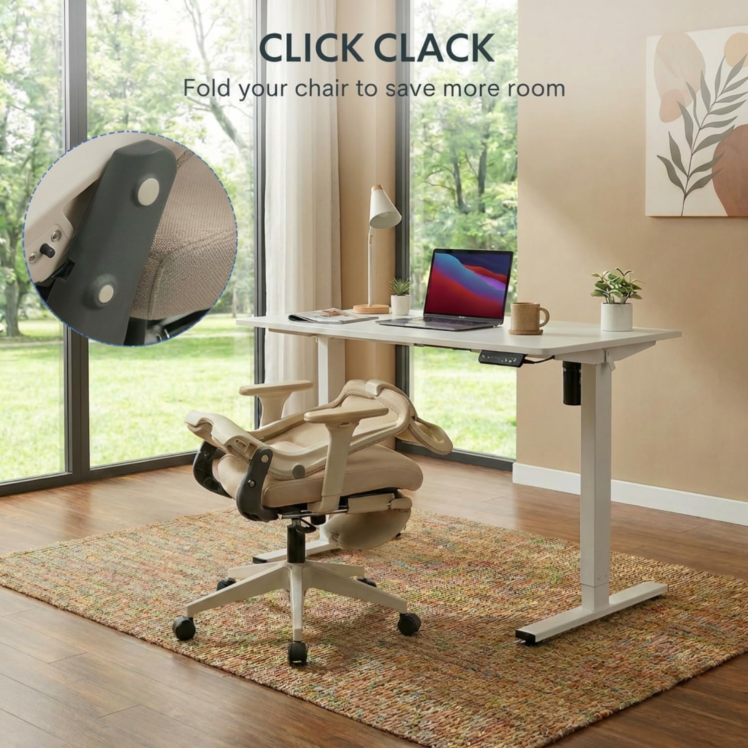 FLEXISPOT Ergonomischer Bürostuhl, Foldex, klappbarer Bürostuhl für Kleine Räume mit Lendenwirbelstütze, Höhenverstellbaren Armlehnen, 2D Kopfstütze, Schreibtischstühle mit Fußstütze Creamweiß 3