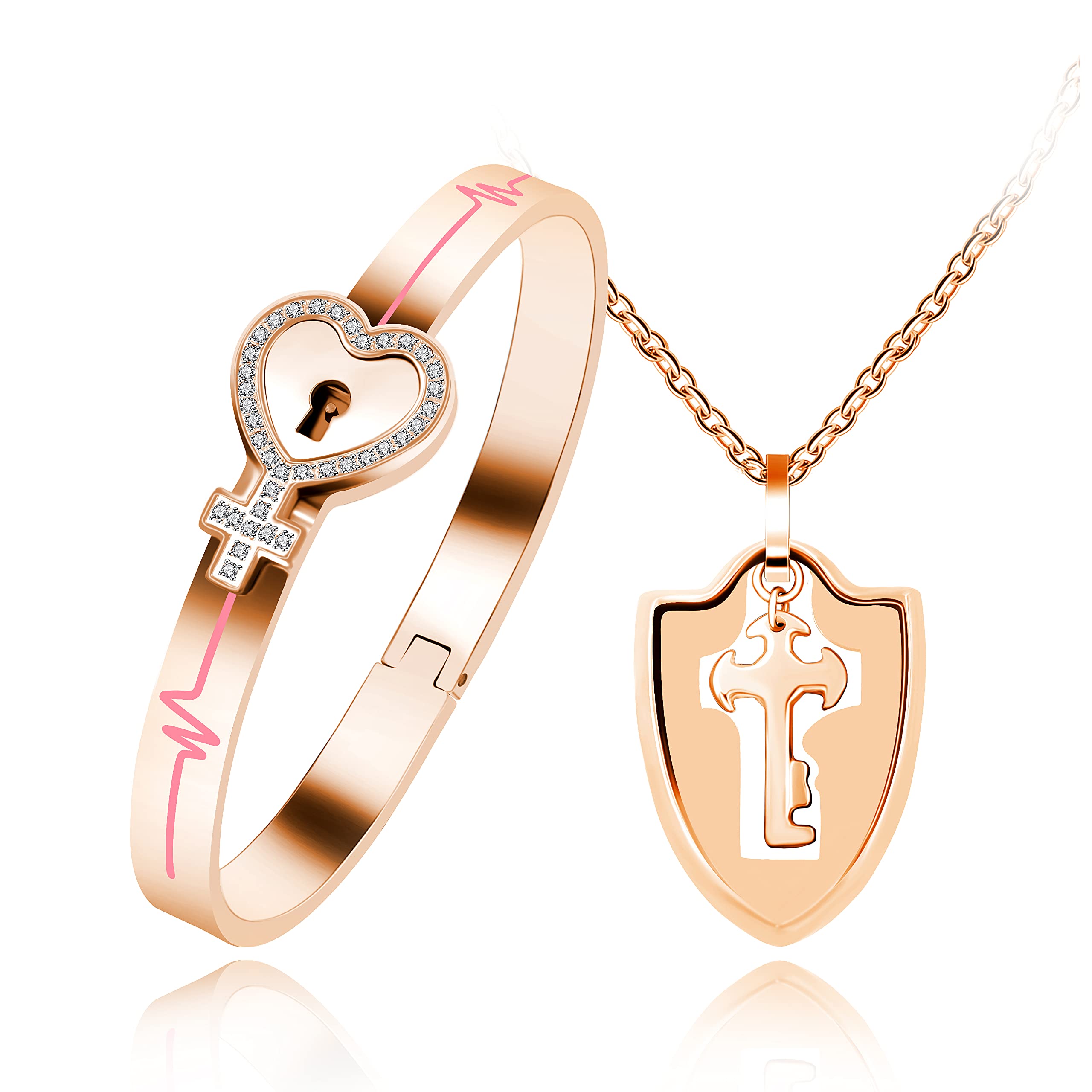 Uloveido Stainless Steel Key Necklace and Lock Bracelet for Men Women Y1481 (RoseGold)