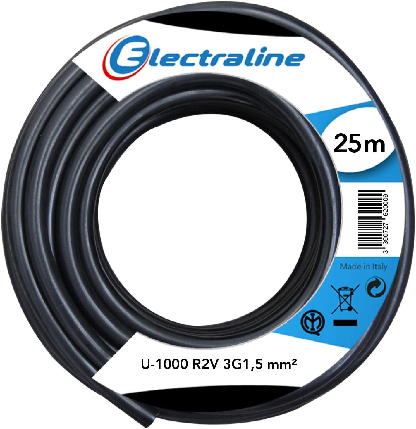 Electraline 20218278D Electrical Cable 1.5 mm² 3-Strand - 25 m, Black
