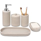 Bathroom Accessory Set 5Pcs- Lotion Soap Dispenser,Toothbrush Holder,Qtip Holder Dispenser,Vanity Tray and Soap Dish-Modern Bathroom Decor Vanity Countertop Organizer,Beige