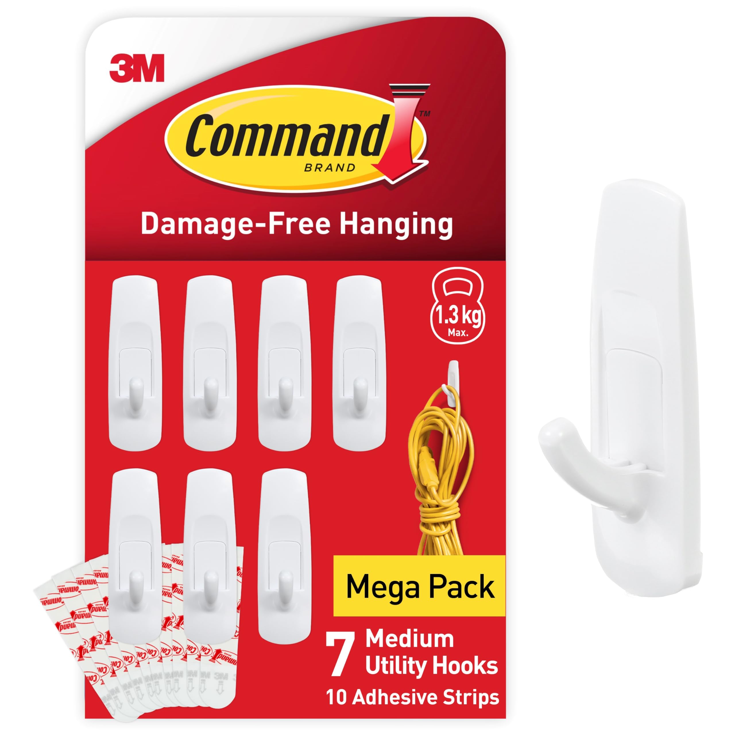 Command Utility Hooks, Medium, Value Pack of 7 Hooks in White and 10 Adhesive Strips for Indoor and Other Items up to 1.3kg - No Nails, No Holes, No Drilling, (Packaging May Vary) — image 1