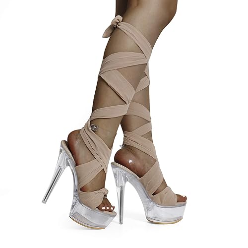 MissHeel Clear Platform Ribbon Lace Up Heels with Ankle Strap in