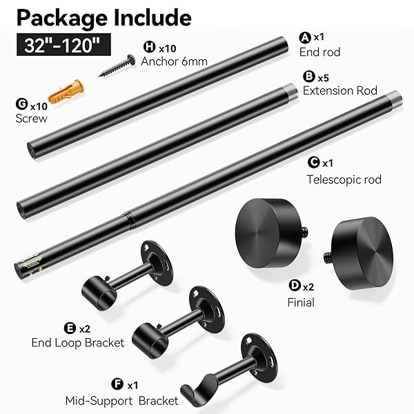 YAFEX HEAVY DUTY CURTAIN RODS 32-120 INCH, 1 INCH ADJUSTABLE BLACK CURTAIN ROD FOR WINDOWS, LONG WINDOW TREATMENT RODS WITH ALUMINIUM FINIALS, EASY INSTALLATION