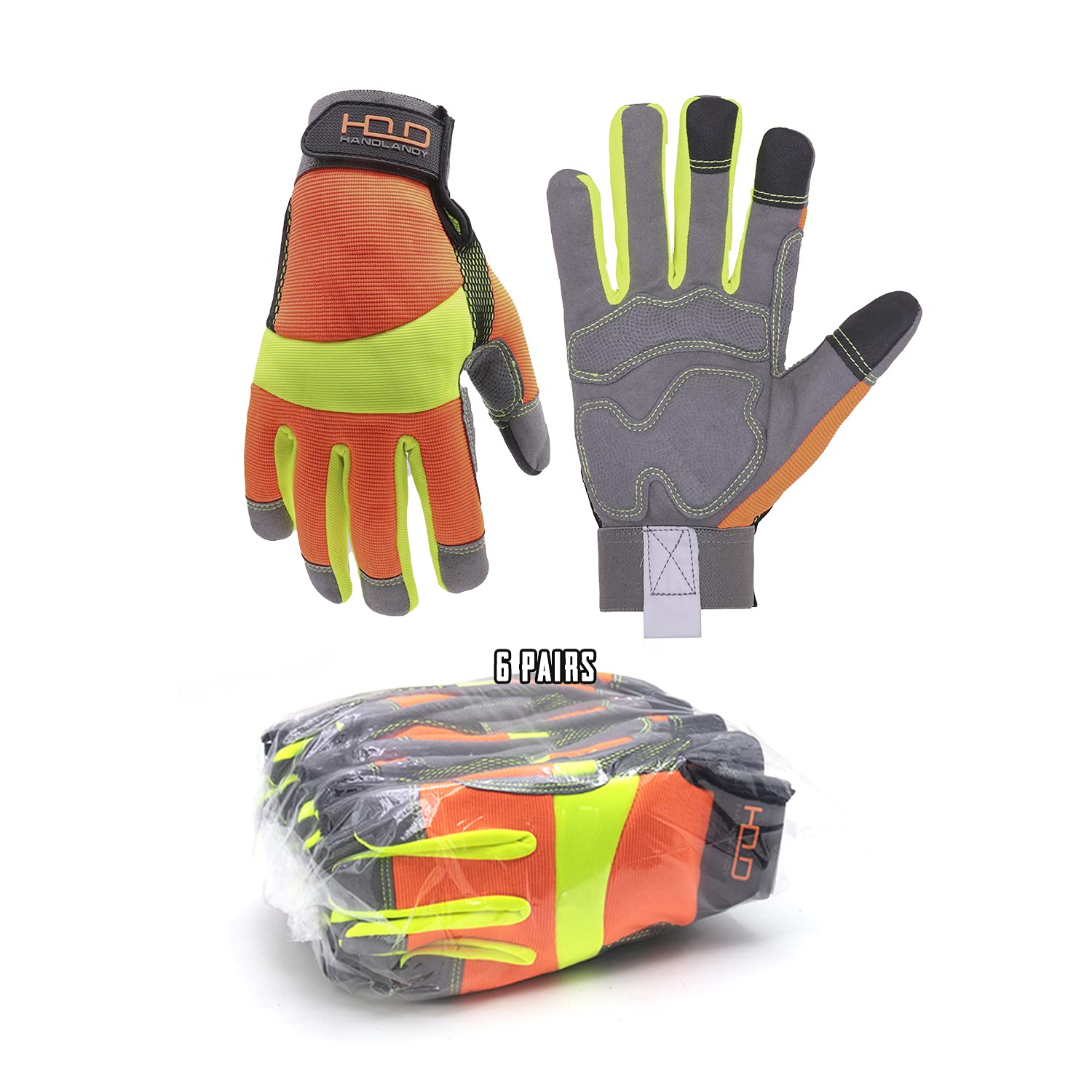 HANDLANDY Bulk 6 Pairs Anti Vibration Gloves Hi-vis Reflective Safety Work Gloves, Touch Screen, Flexible Spandex Back Anti Vibrant Gloves (L, Orange)