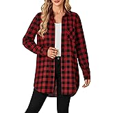 OPOIPIN Women's Casual Mid-Long Flannel Shirt Plaid Collar Button Down Long Sleeve Blouse Top