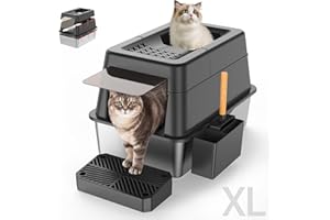 APHYXEN Stainless Steel Litter Box with Lid, XL Extra Large Enclosed Cat Litter Box for Big Cats 110° Flip Cover, Top Entry Metal High Sided Litter Box & Pedal & Scoop, Anti-Leakage (Black)