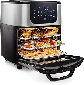 Cocina saludable: tecnología de aire caliente circulante ultra rápida que permite una cocción uniforme y una reducción del 80% de las grasas; resultado: alimentos más saludables,Multifunción: asar, tostar, con una función especial para deshidratar frutas y verduras (Prepara aperitivos saludables) o descongelar,10 ajustes preprogramados o manejo de forma manual para preparar patatas fritas (2 o 3 raciones cada vez), asar verduras, asar pollo, tartas, pan, etc,Sencilla de usar y rápida: pantalla táctil digital para programar la cocción y ajustar la temperatura de 80 a 200 °C; gran potencia de 1800 W para una cocción rápida,Horno aerofreidora de cocción versátil con capacidad de 11 L y medidas de 46;6 x 45 x 38;6 cm (largo x alto x ancho), medidas del interior 25 x 17 x 25 cm (largo x alto x ancho), adecuado para una pizza de 23 cm o un pollo de 1;2 kg,Accesorios incluidos: el horno freidora viene equipado con 1 cesta para patatas fritas giratoria y su asa, 3 rejillas de cocción, 1 pincho para asar y su asa,Nuevo libro de recetas online, 30 recetas deliciosas en formato PDF en varios idiomas donde podrás encontrar inspiración para cocinar multitud de platos variados y saludables como por ejemplo: rollitos de carne con verduras, lasaña con salmón y ricotta o muffins de arándanos; Encuéntralos en esta pagina de producto y disfruta cocinando con tu freidora sin aceite