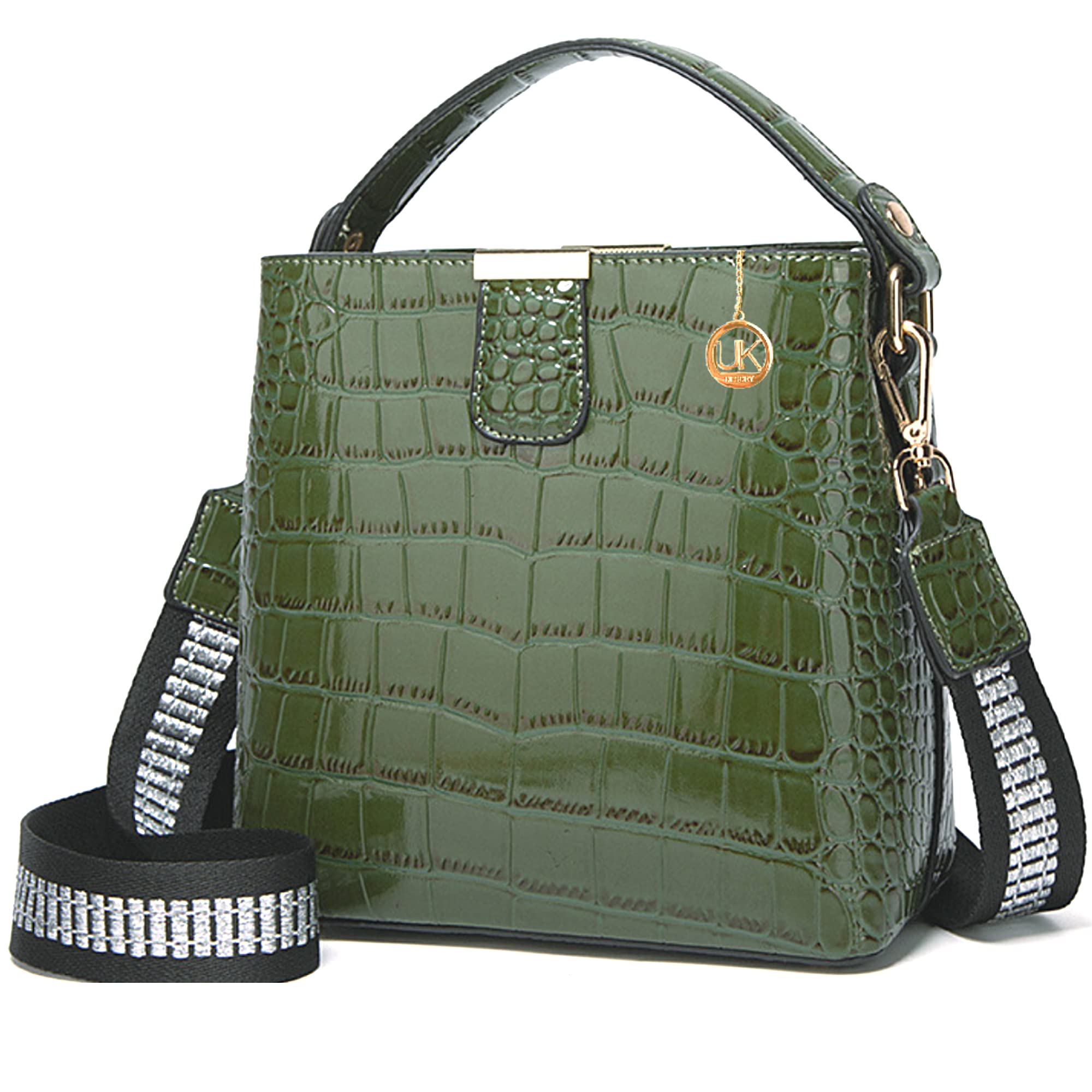 Women’s Luxury glossy Croc Print Patent PU Leather Bucket Bag | Handbag | Shoulder Crossbody Bag | Tote Bag | Ladies Handbag with RFID Credit Card Protection (Green)