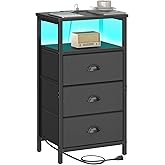 sthmec Nightstand with Charging Station,LED Black Nightstand with 3 Fabric Drawers PU Finish, Bedside End Tables, 2-Tier Open Storage Shelf Side Table Nightstand with Drawers for Bedroom,Black